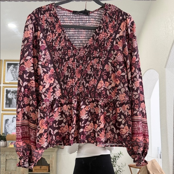 Crimson Tops - Crimson Peplum Floral V-Neck Blouse with Smocking- Burgundy and Peach